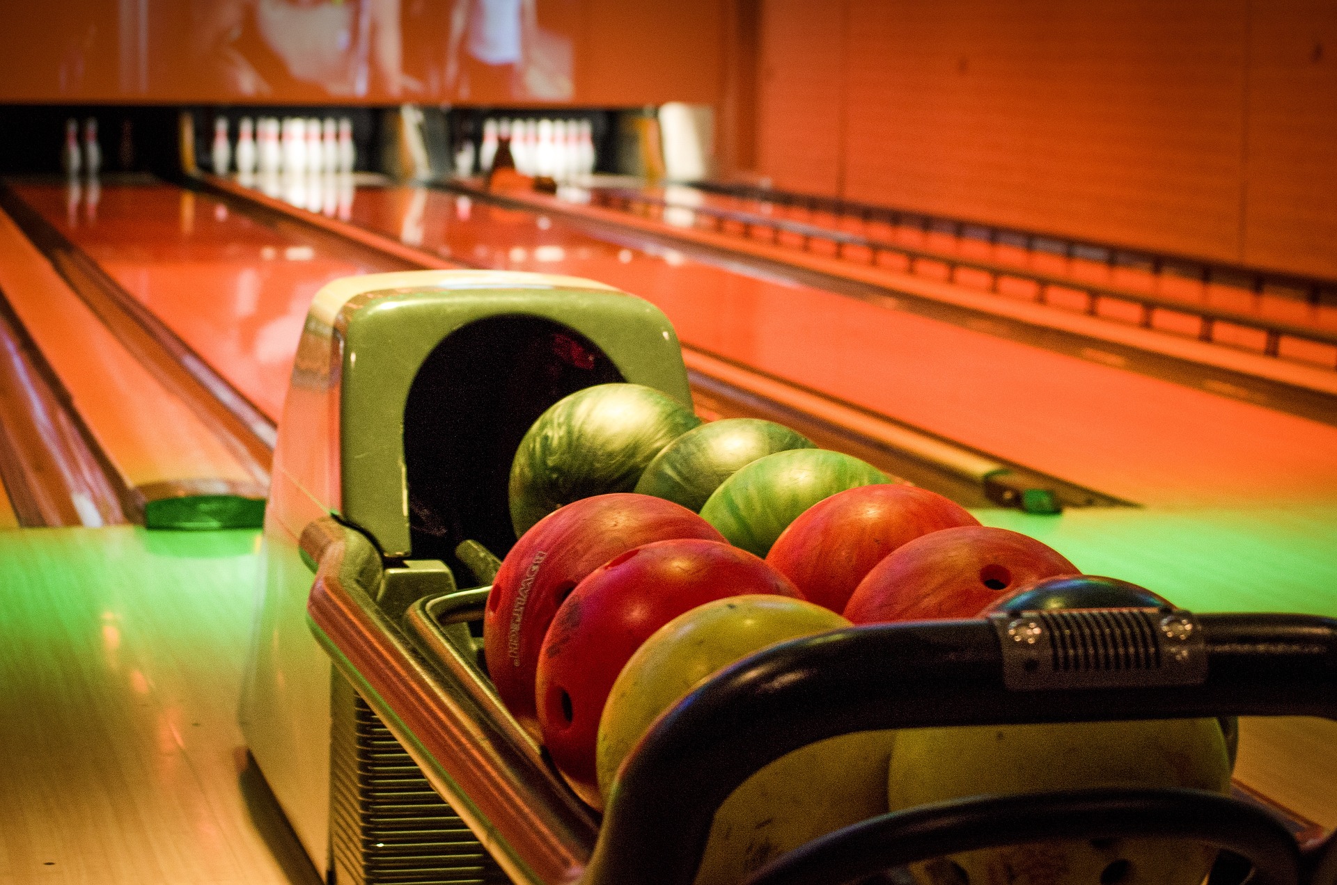 Photo of the interior of a bowling alley.