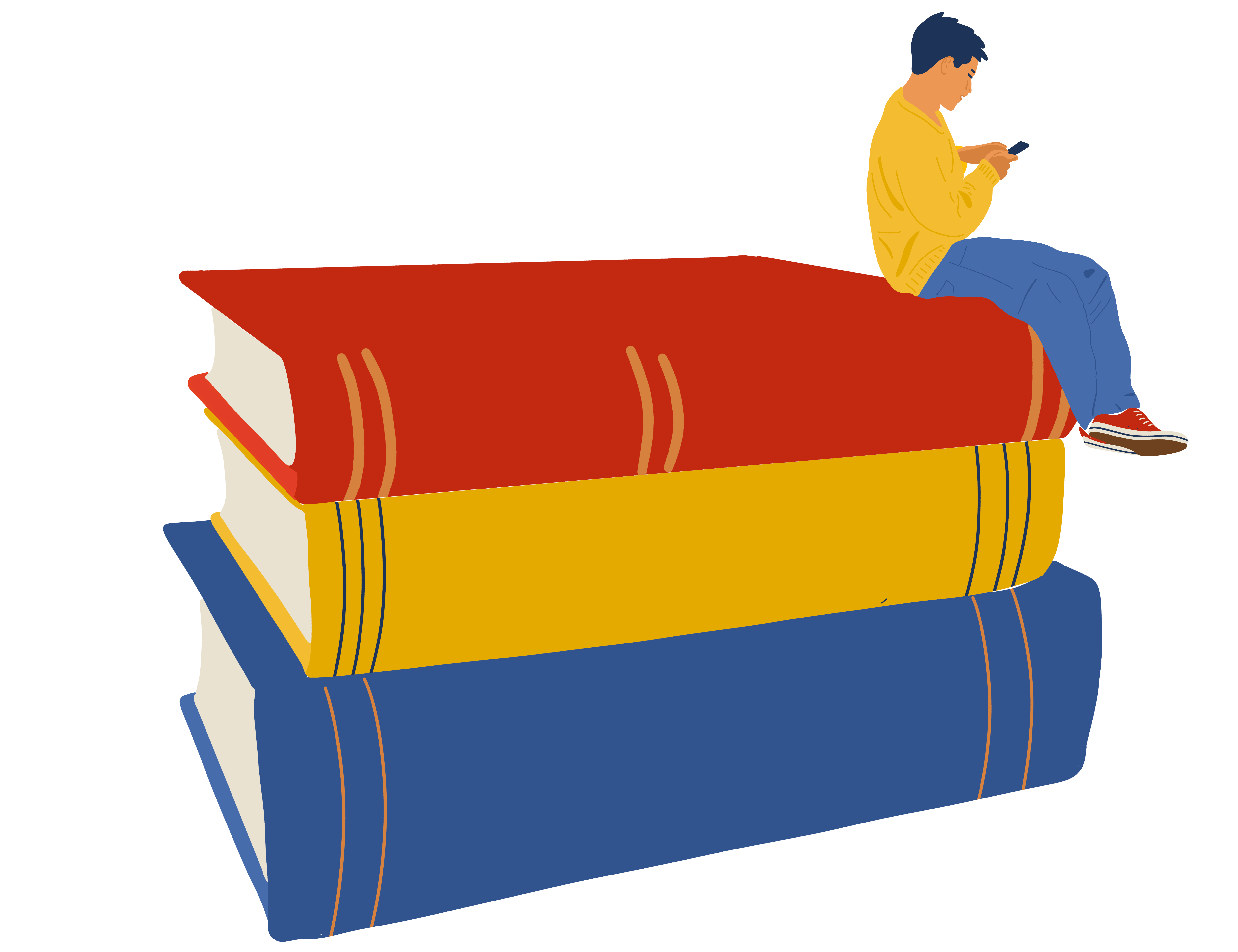 illustration of a person using a smart phone sitting on a stack of oversized books