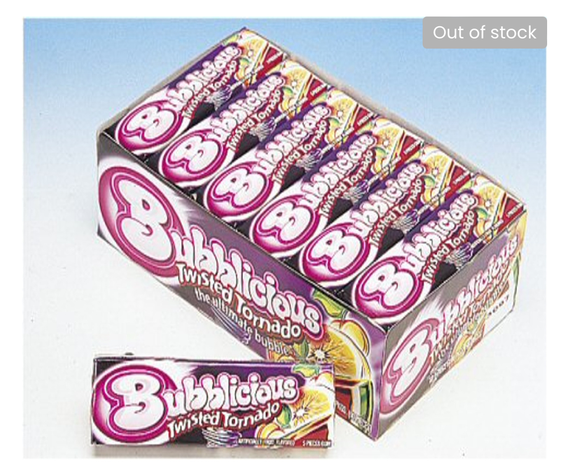 Vintage photo of a store display box of Bubblicious Twisted Tornado bubblegum.