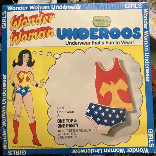Photo of a vintage package of Wonder Woman Underoos children's underwear set.