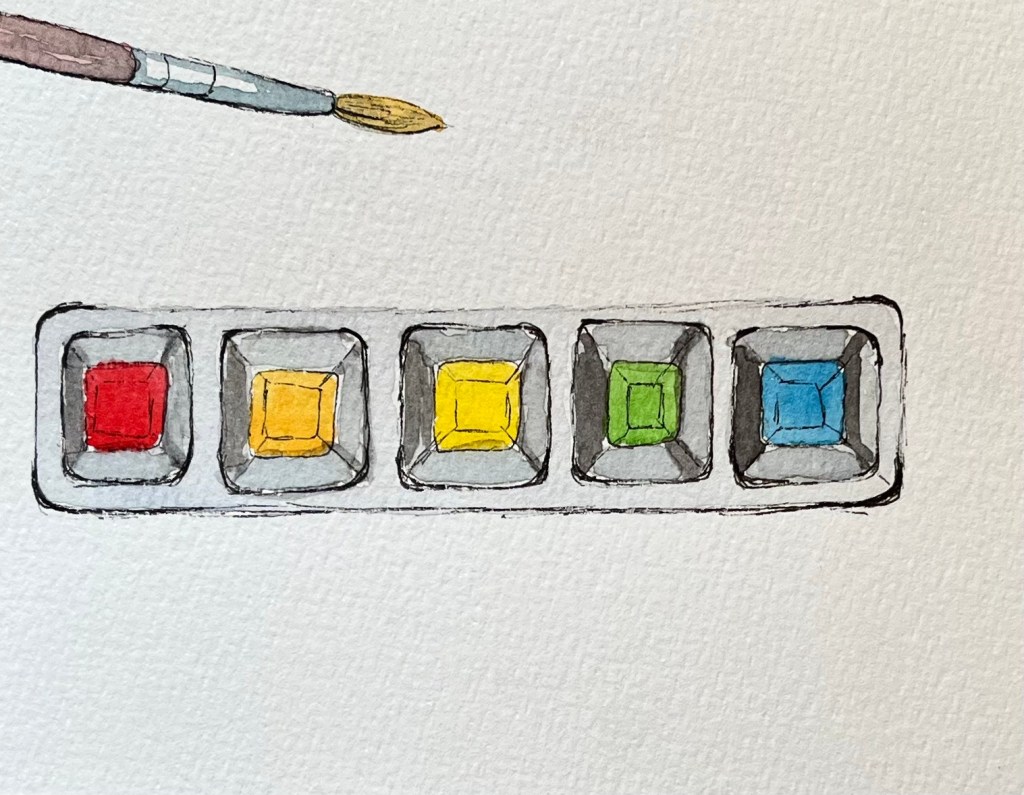 Watercolor and ink illustration of a paintbrush and a small watercolor palette.