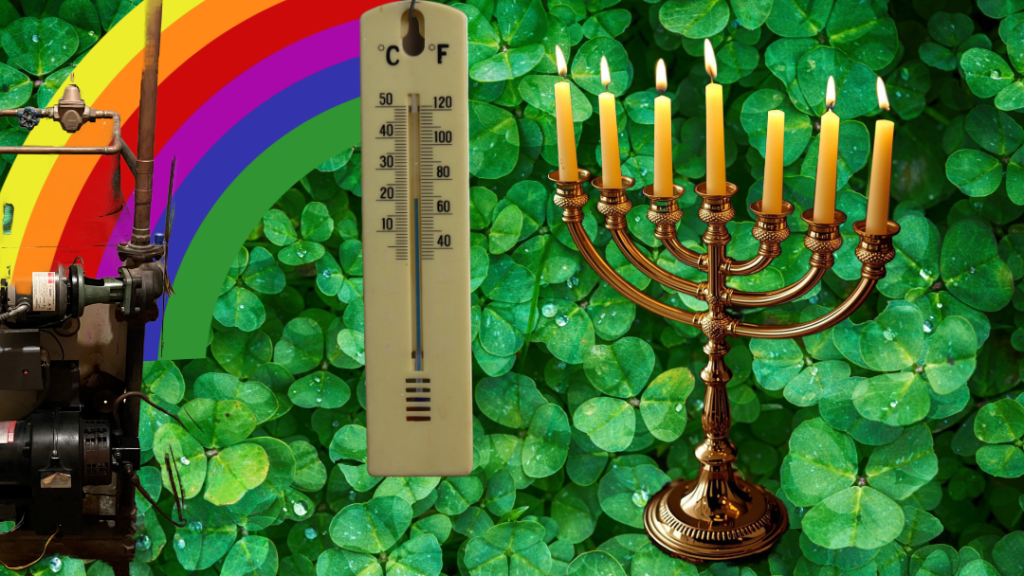 Chaotic collage style image of a ancient furnace, a rainbow graphic, a thermometer and a menorah all against a green clover background.