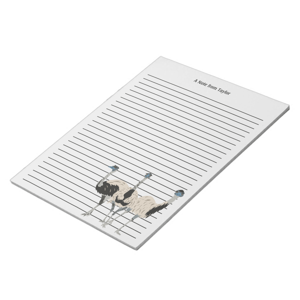 Photo of a lined or ruled notepad with personalized text at the top and illustrations of emus at the bottom.