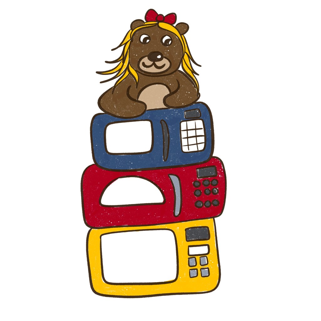 Cartoon doodle of a brown bear wearing a golden yellow wig perched atop three microwaves in primary colors.